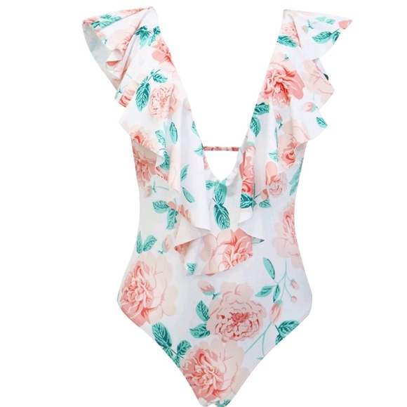 New! Festival Roses Print Plunge Front Swimsuit - Picture 6 of 8